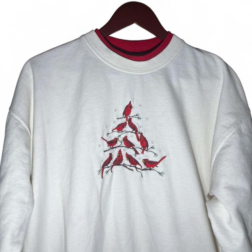 Vintage Christmas Cardinal Embroidered Mock Layer Crewneck Sweatshirt XL